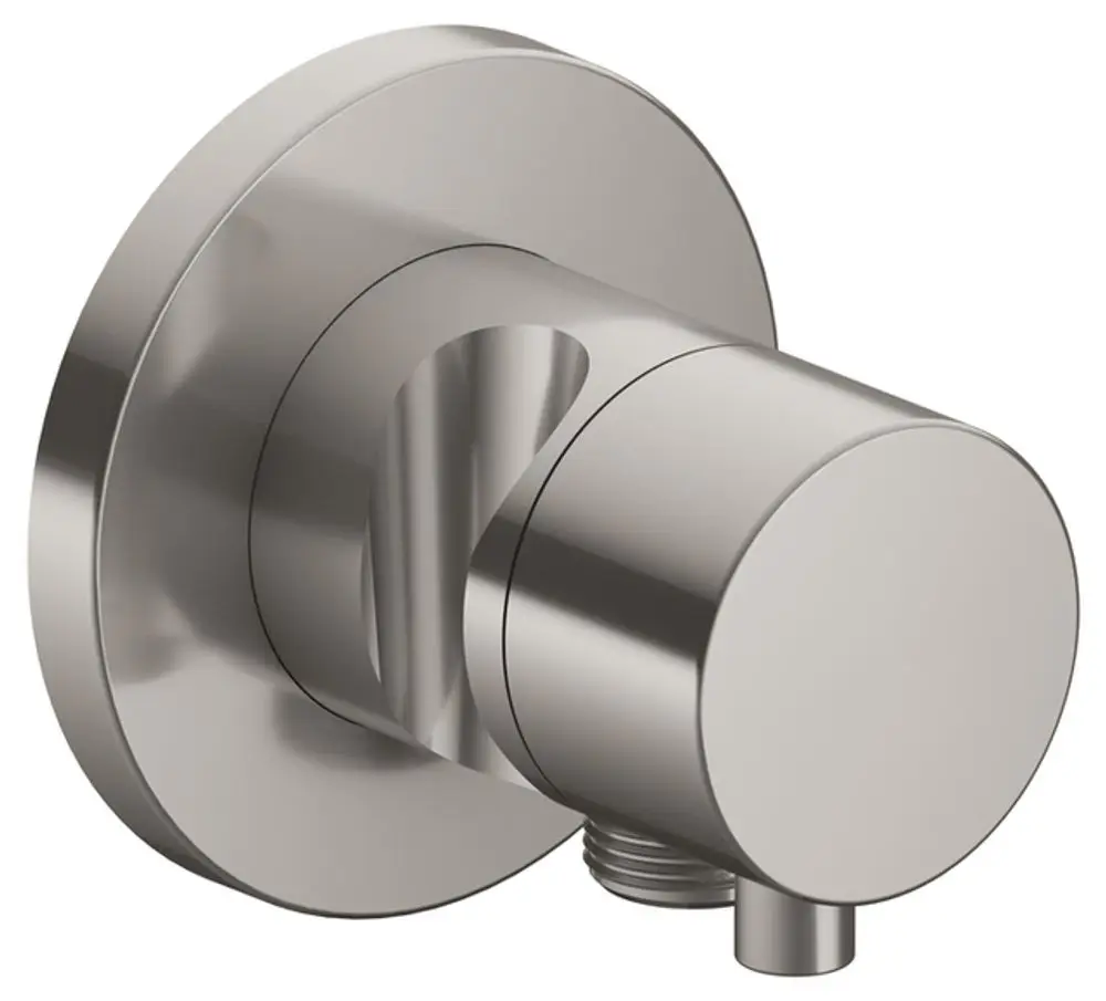 3-Wege Umstellventil von Keuco in Nickel, mit einem schlauchanschluss und eckiger Brauseausführung, montiert an einer Wand.